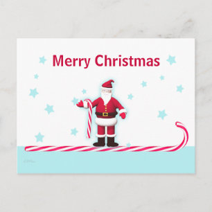 Santa Candy Cane and Stars Christmas Holiday Postcard