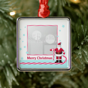 Santa, Candy Cane and Stars Christmas Photo Metal Tree Decoration