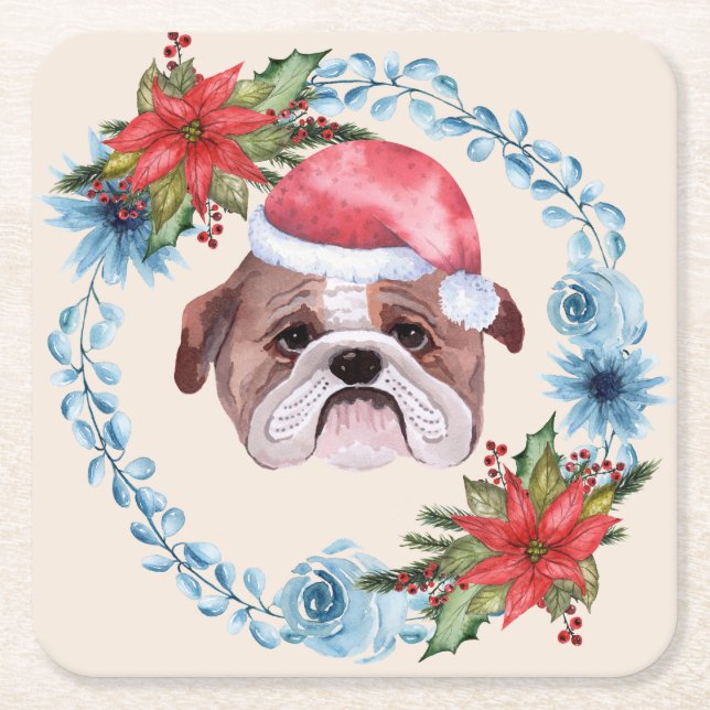 Santa Cap Bulldog Holiday Square Paper Coaster (Front)