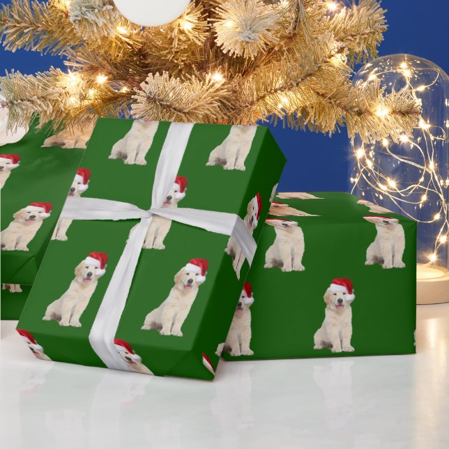 Santa Cap on Golden Retriever Puppy Wrapping Paper (Holidays)