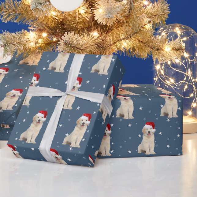 Santa Cap on Golden Retriever Puppy Wrapping Paper (Holidays)