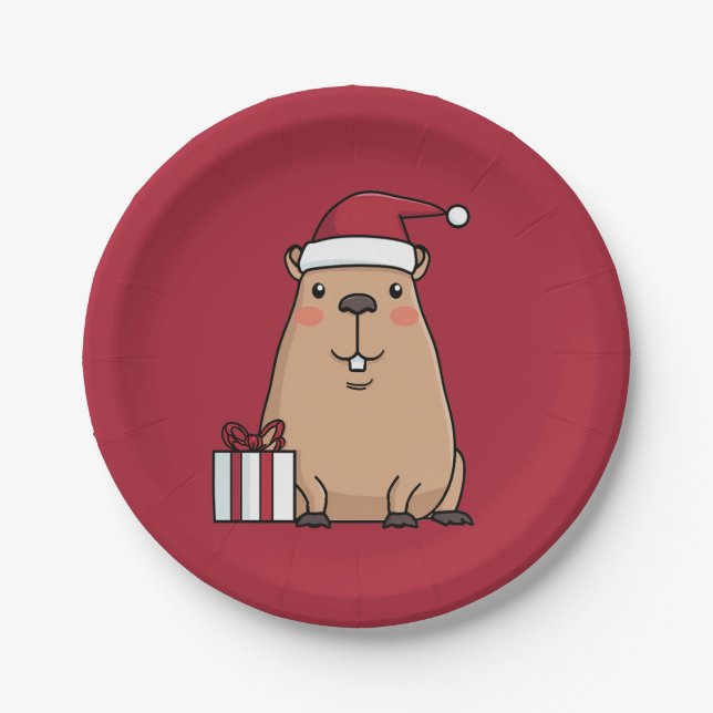 Santa Capybara Holiday Fun Paper Plate (Front)