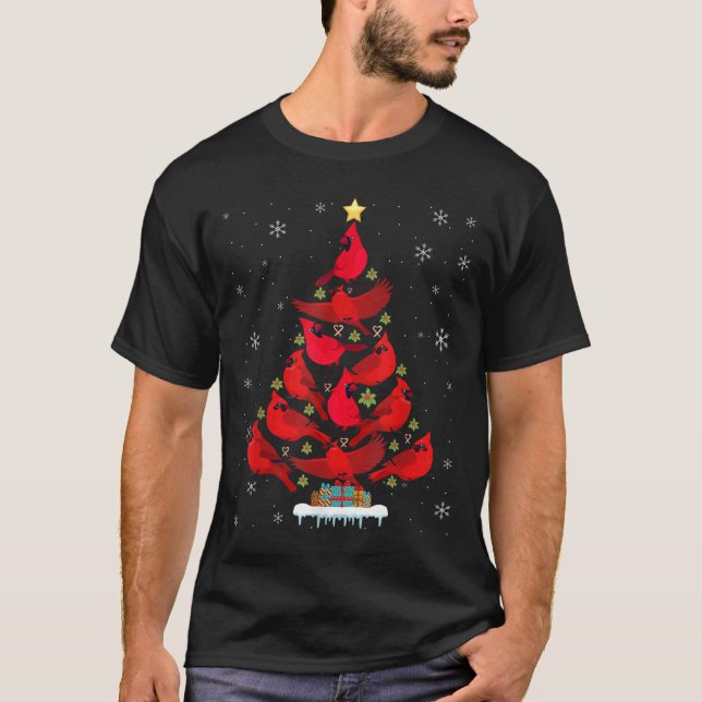 Santa Cardinal Bird Christmas Tree Christmas Light T-Shirt (Front)