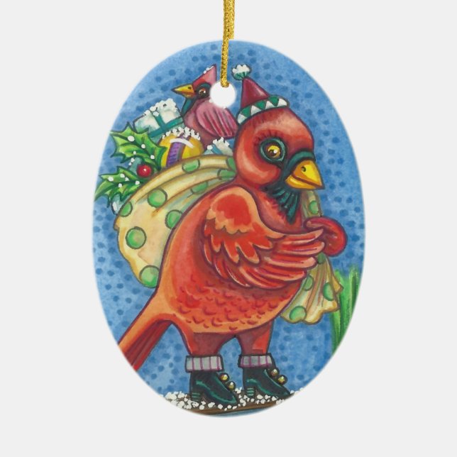 SANTA CARDINAL, CHRISTMAS RED BIRD ORNAMENT Oval (Front)