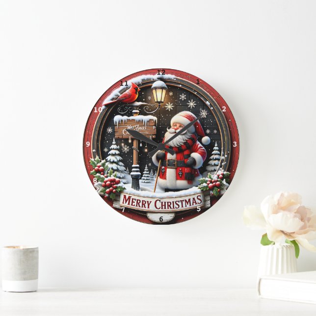 Santa Cardinal's Winter Welcome Vintage Christmas Large Clock (Home)