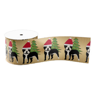 Santa Cartoon Boston Terrier Grosgrain Ribbon