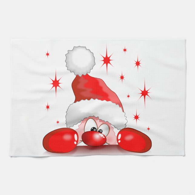 Santa Cartoon Cute Peeking Character © BluedarkArt Tea Towel (Horizontal)