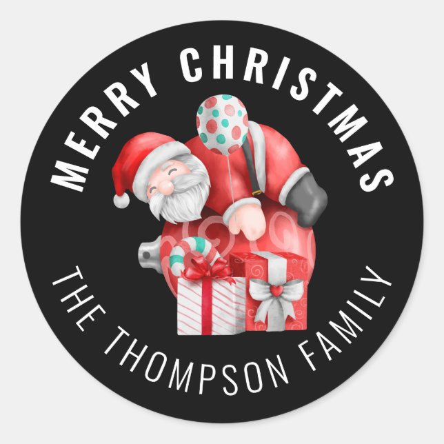 Santa Cartoon Name Merry Christmas Black Classic Round Sticker (Front)