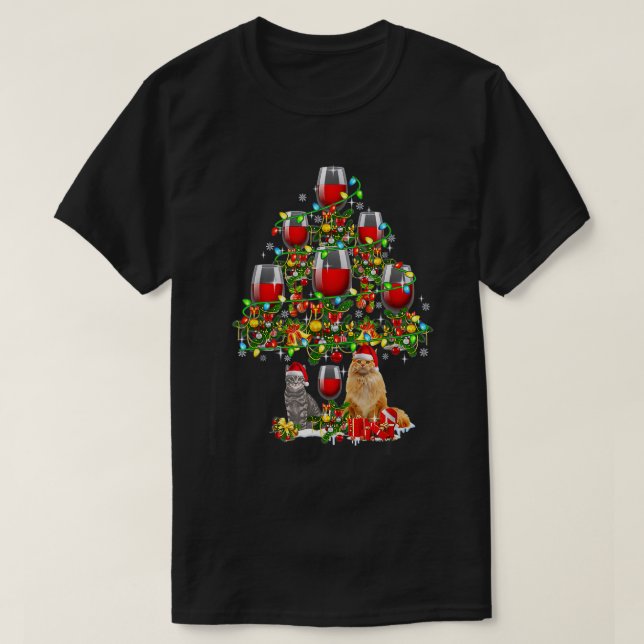 Santa Cat And Wine Glasses Christmas Tree Drinking T-Shirt (Design Front)