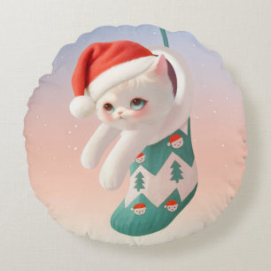 Santa Cat: Bao Bao in Christmas Stocking Art Round Cushion