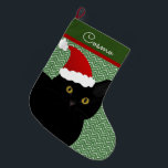 Santa Cat Black With Yellow Eyes Personalised Large Christmas Stocking<br><div class="desc">Create a personalised stocking for your fur baby. This design consists of a short hair black cat with yellow eyes wearing a cute Santa hat in Christmas colours. Customise the background and text style to your needs.  Original design by Night Owl's Menagerie,  2017.</div>