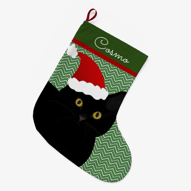 Santa Cat Black With Yellow Eyes Personalised Large Christmas Stocking (Front (Hanging))