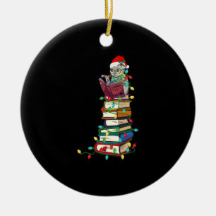 Santa Cat books christmas light tshirt funny Books Ceramic Tree Decoration