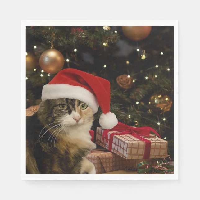 Santa Cat by the Christmas Tree Napkins (Front)