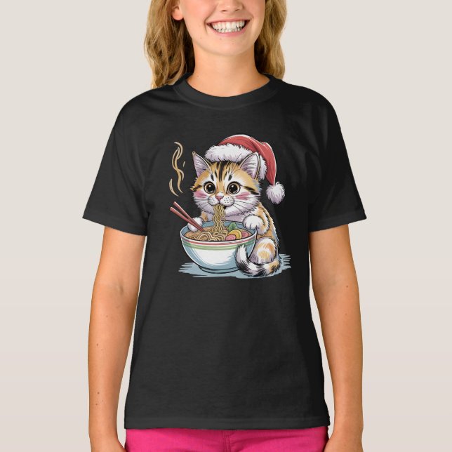 Santa Cat Eating Ramen Cute Christmas Kitty T-Shirt (Front)