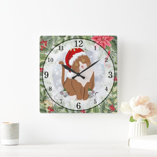 Santa Cat & Elf Mice Acrylic Clock (Home)
