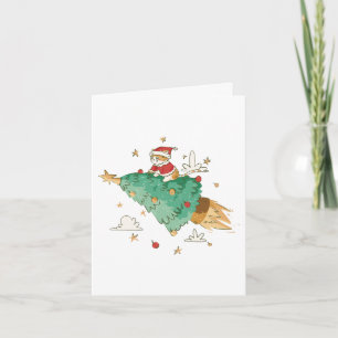 Santa Cat Flying on a Christmas Tree Card