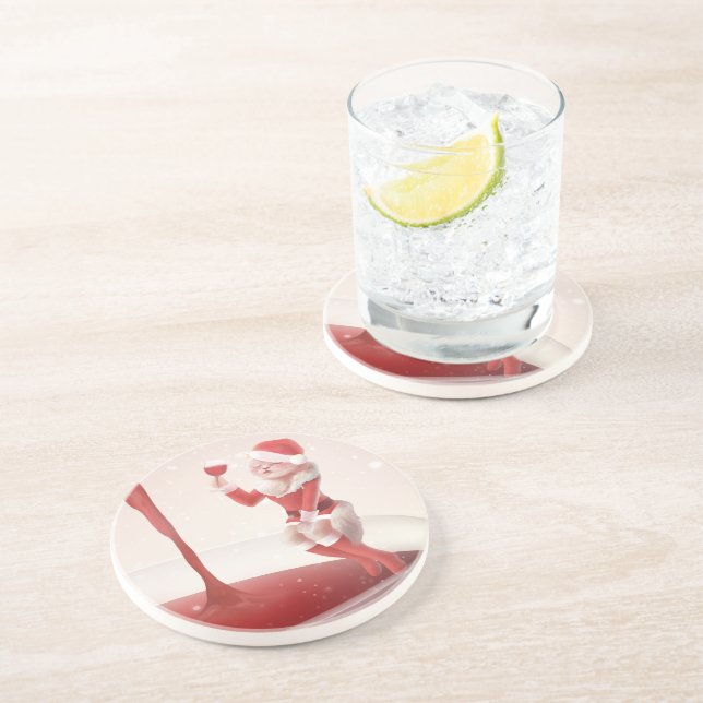 Santa Cat  Holding Glass Red Wine Coaster (Side)
