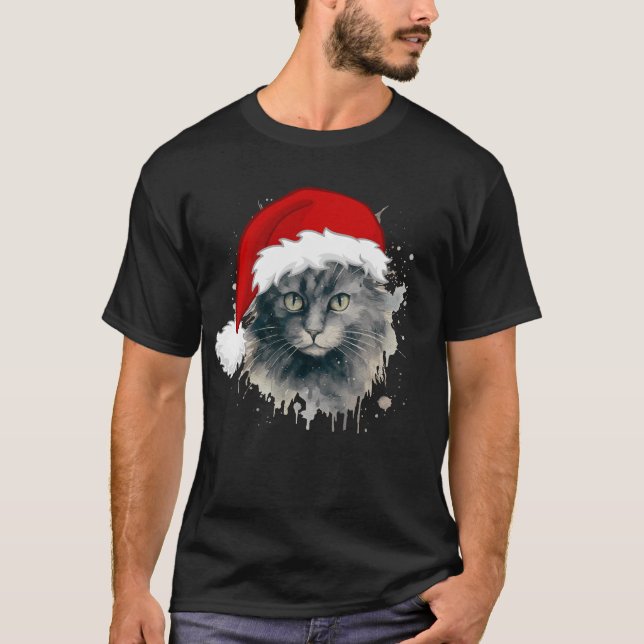 Santa Cat In Christmas Hat T-Shirt (Front)