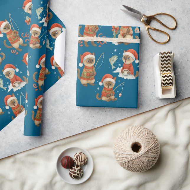 Santa Cat in Fishing  Wrapping Paper (Crafts)