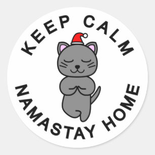 SANTA CAT - KEEP CALM NAMASTAY HOME 1 CLASSIC ROUND STICKER