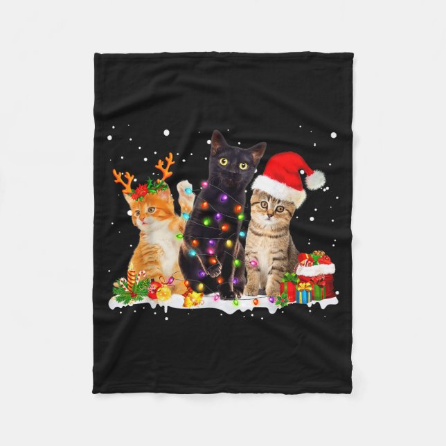 Santa Cat Light Gorgeous Reindeer Pajama Christmas Fleece Blanket (Front)