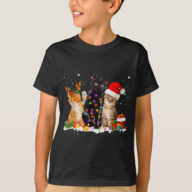 Santa Cat Light Gorgeous Reindeer Pajama Christmas T-Shirt (Front)