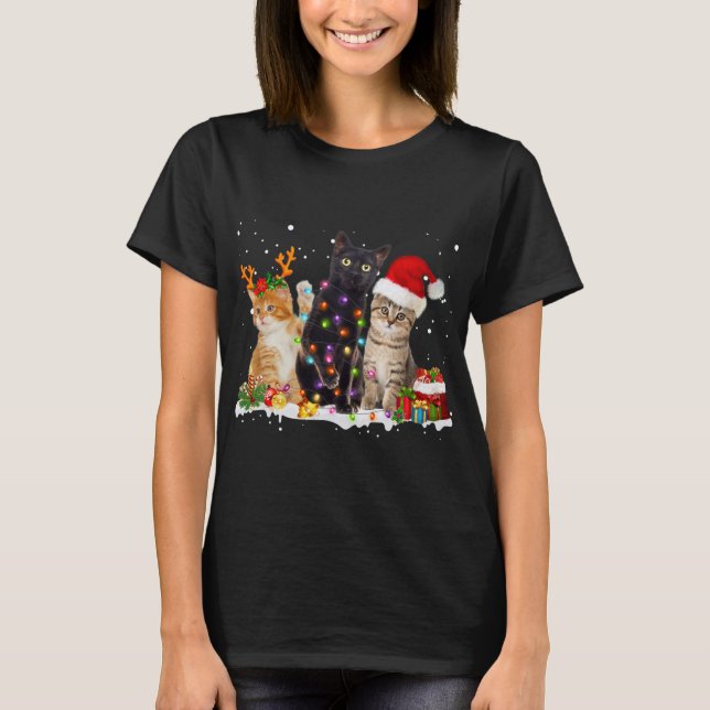 Santa Cat Light Gorgeous Reindeer Pajama Christmas T-Shirt (Front)