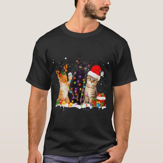 Santa Cat Light Gorgeous Reindeer Pajama Christmas T-Shirt (Front)