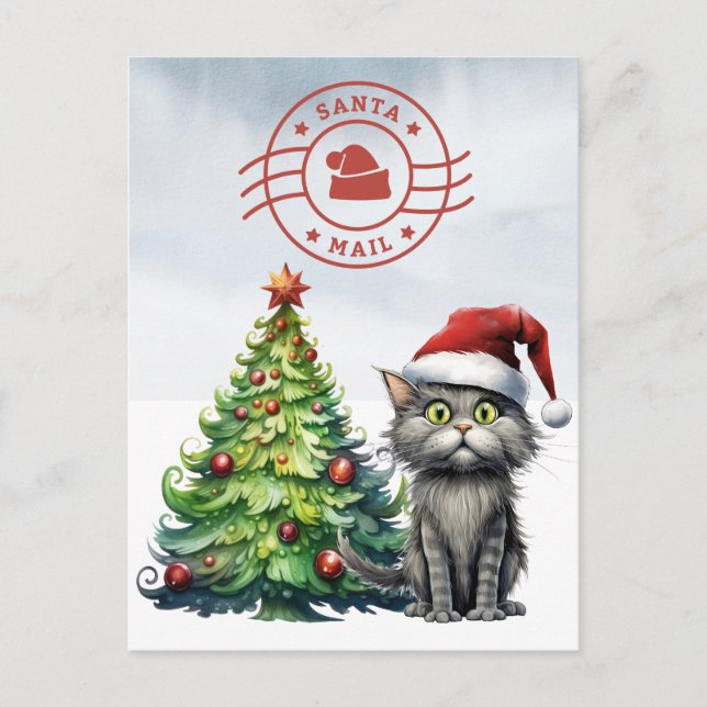 Santa Cat Mail with Christmas Tree Holiday Postcard (Front)