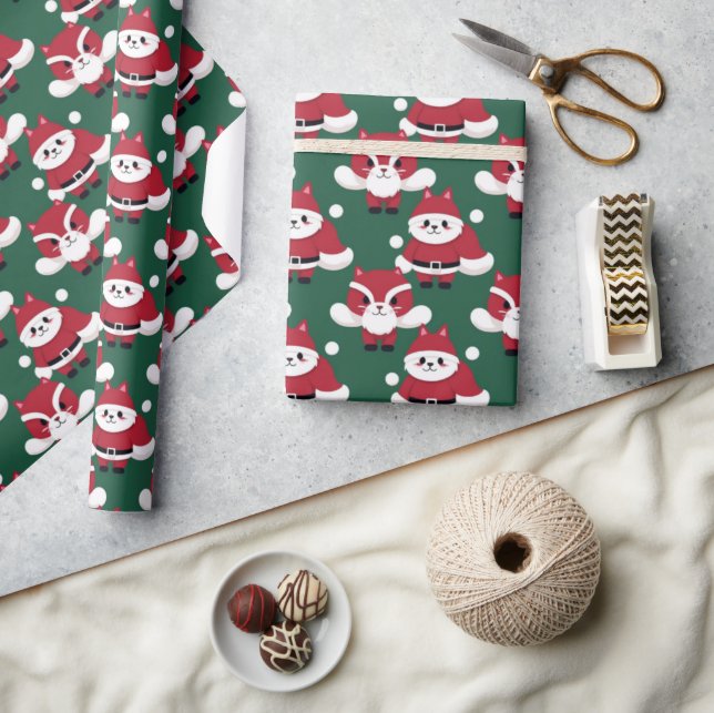 Santa Cat Merry Christmas Racoon Pattern Wrapping Paper (Crafts)