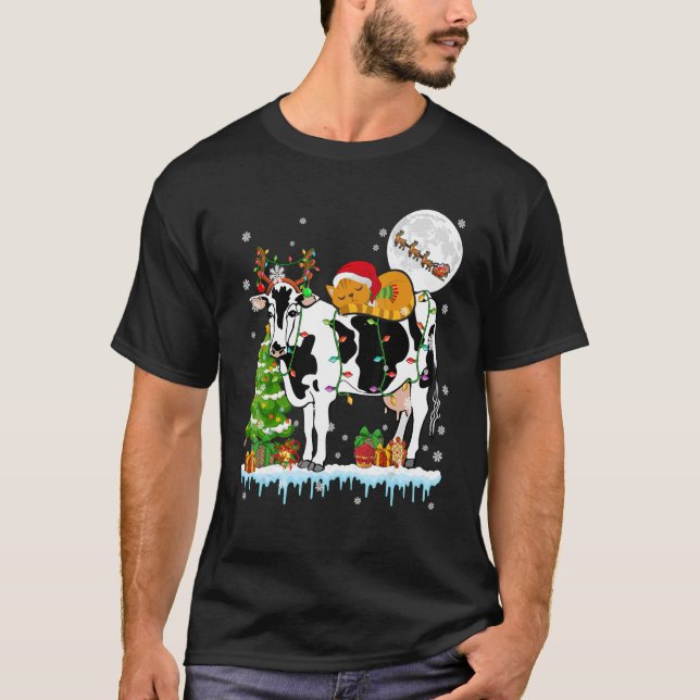 Santa Cat Ridding Reindeer Cow Christmas Tree Farm T-Shirt (Front)