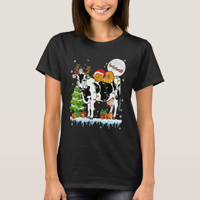 Santa Cat Ridding Reindeer Cow Christmas Tree Farm T-Shirt (Front)
