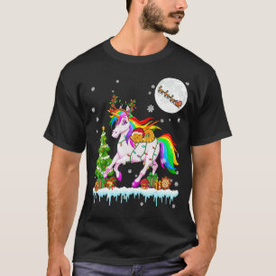 Santa Cat Ridding Reindeer Unicorn Christmas Tree T-Shirt