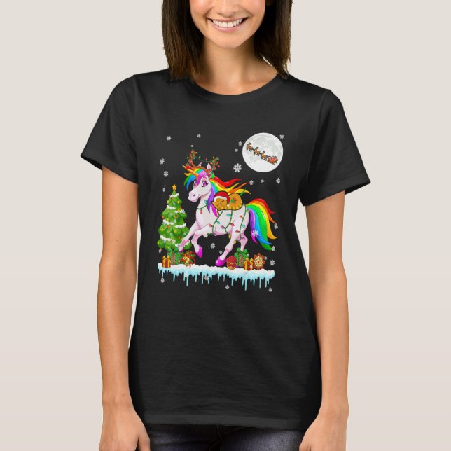 Santa Cat Ridding Reindeer Unicorn Christmas Tree T-Shirt (Front)