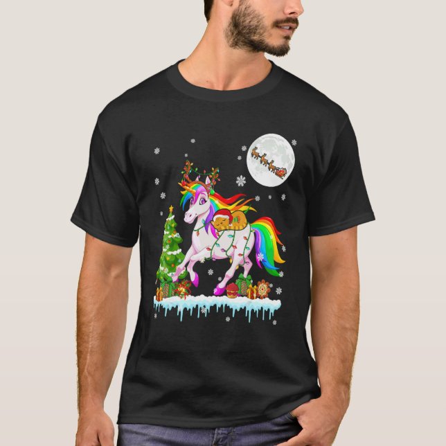 Santa Cat Ridding Reindeer Unicorn Christmas Tree T-Shirt (Front)