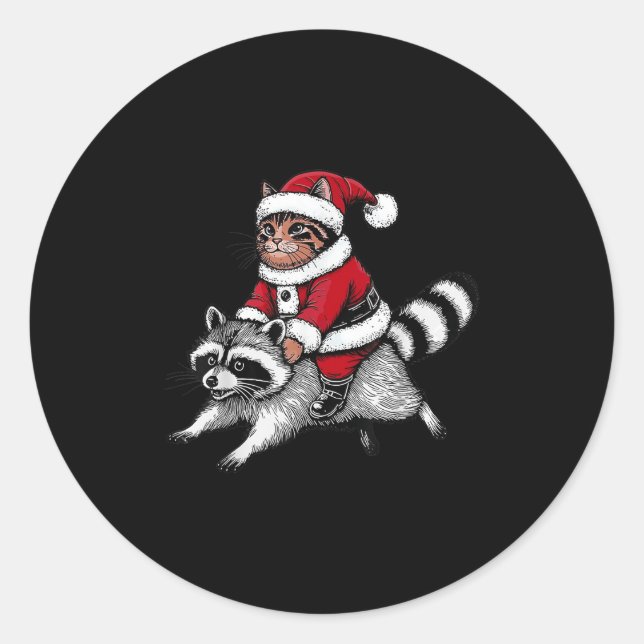 Santa Cat Riding A Raccoon Christmas Men Women Kid Classic Round Sticker (Front)