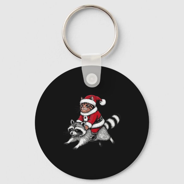 Santa Cat Riding A Raccoon Christmas Men Women Kid Key Ring (Front)