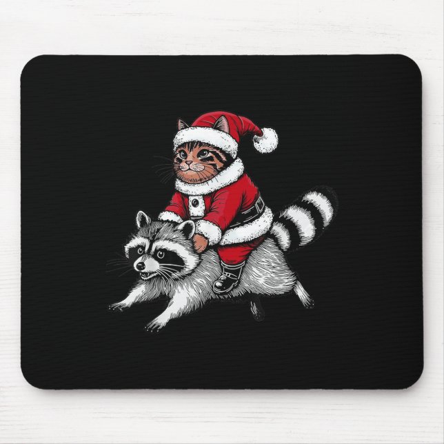 Santa Cat Riding A Raccoon Christmas Men Women Kid Mouse Mat (Front)