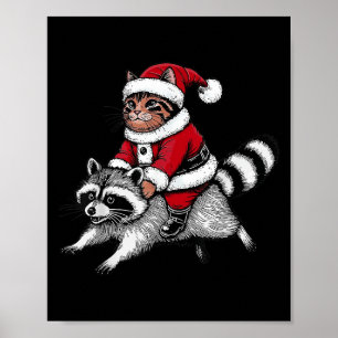 Santa Cat Riding A Raccoon Christmas Men Women Kid Poster