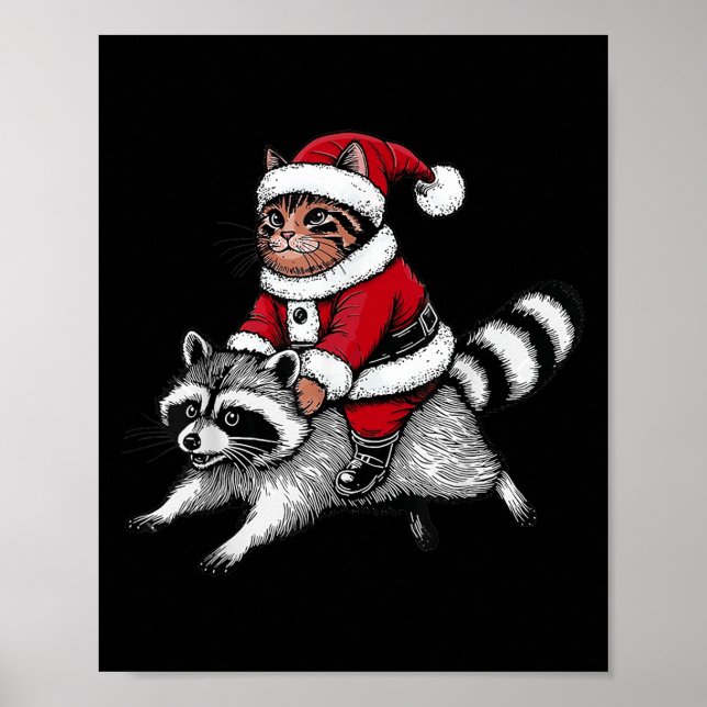Santa Cat Riding A Raccoon Christmas Men Women Kid Poster (Front)