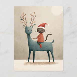 Santa Cat Riding Reindeer Watercolor Christmas Postcard