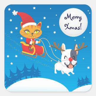 Santa Cat Sleigh Square Sticker