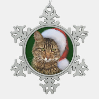 Santa Cat Snowflake Pewter Christmas Ornament