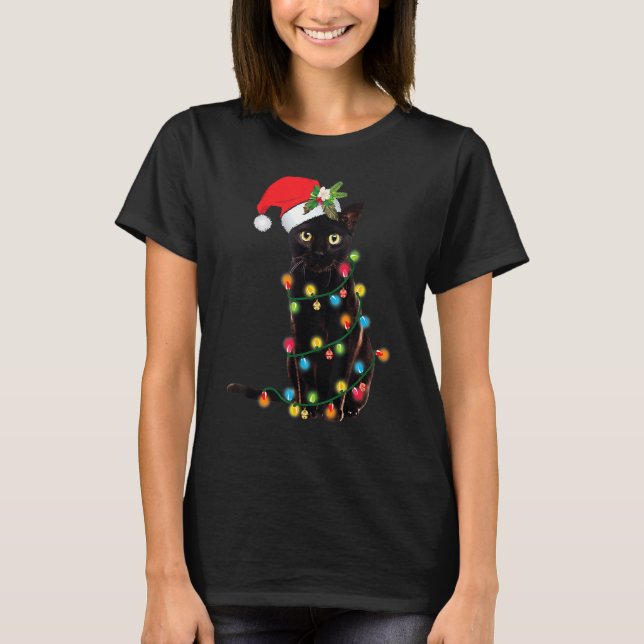 Santa Cat Tangled Up In Christmas Tree Lights Holi T-Shirt (Front)