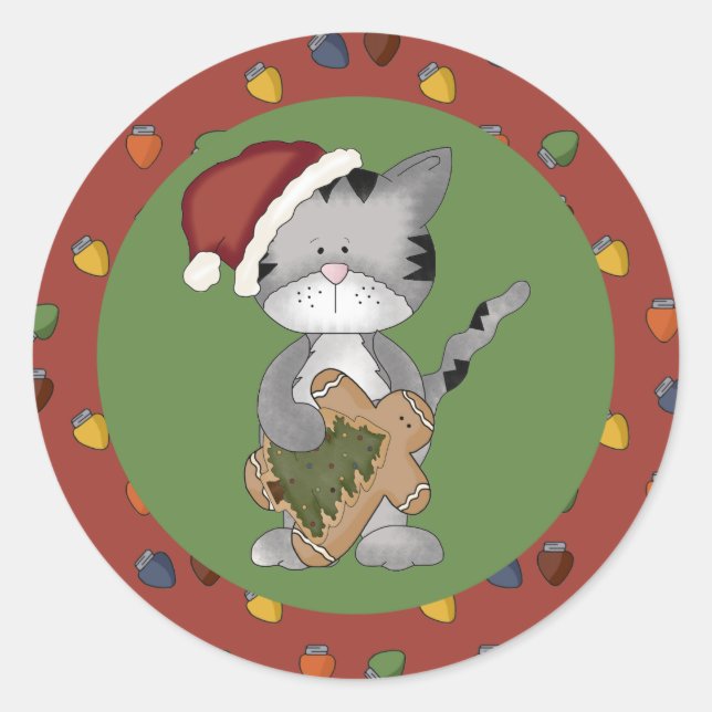 Santa Cat with Gingerbread Man Classic Round Sticker (Front)