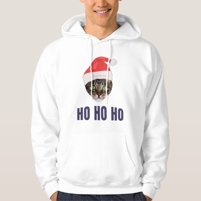 Santa Cat with Santa hat, Ho Ho ho Invitation Squa Hoodie (Front)