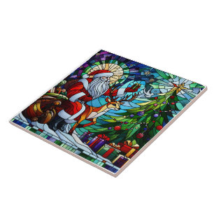 Santa celebrates by the colourful Christmas tree Tile