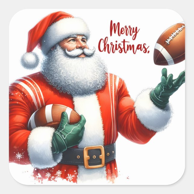 Santa Celebrates Christmas With Football Square Sticker (Front)