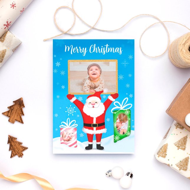 Santa Celebrating Merry Christmas 3 Photo Holiday Card (Creator Uploaded)